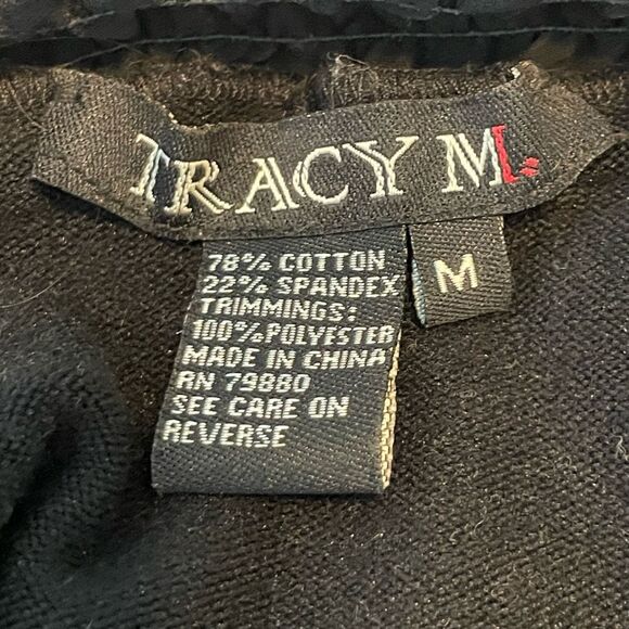 Tracy M Chiffon Ruffle Collar Sweater Black Knit Body Sheer Mesh High Neck M - Picture 6 of 7